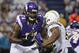 MINNEAPOLIS, MN - AUGUST 24: Phil Loadholt #71 of the Minnesota Vikings looks to block Larry English #52 of the San Diego Chargers during the game on August 24, 2012 at Mall of America Field at the Hubert H. Humphrey Metrodome in Minneapolis, Minnesota. (Photo by Hannah Foslien/Getty Images)