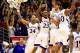 LAWRENCE, KS - MARCH 04: Travis Releford #24, Ben McLemore #23, Jeff Withey #5, and Kevin Young #40 of the Kansas Jayhawks celebrate after Withey hit a three-pointer during the game against the Texas Tech Red Raiders at Allen Fieldhouse on March 4, 2013 in Lawrence, Kansas. (Photo by Jamie Squire/Getty Images)