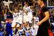 LAWRENCE, KS - MARCH 04: Travis Releford #24, Ben McLemore #23, Jeff Withey #5, and Kevin Young #40 of the Kansas Jayhawks celebrate after Withey hit a three-pointer during the game against the Texas Tech Red Raiders at Allen Fieldhouse on March 4, 2013 in Lawrence, Kansas. (Photo by Jamie Squire/Getty Images)