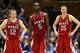DURHAM, NC - FEBRUARY 07: Teammates Tyler Lewis #12, C.J. Leslie #5 and Scott Wood #15 of the North Carolina State Wolfpack react as they watch on against the Duke Blue Devils during their game at Cameron Indoor Stadium on February 7, 2013 in Durham, North Carolina. (Photo by Streeter Lecka/Getty Images)