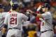 HOUSTON,TX-JUNE 05: Matt Adams #53 of the St. Louis Cardinals receives high-fives from Allen Craig #21 and David Freese #23 after hitting a three-run home run in the third inning against the Houston Astros on June 5, 2012 at Minute Maid Park in Houston, Texas. (Photo by Bob Levey/Getty Images)
