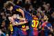 BARCELONA, SPAIN - MARCH 09: Lionel Messi of FC Barcelona (L) celebrates with his teammates after scoring his team's second goal during the La Liga match between FC Barcelona and RC Deportivo La Coruna at Camp Nou on March 9, 2013 in Barcelona, Spain. (Photo by David Ramos/Getty Images)
