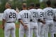 February 24, 2013; Tampa, FL, USA; New York Yankees manager Joe Girardi (28), left fielder Brett Gardner (11), right fielder Ichiro Suzuki (31), second baseman Robinson Cano (24) and first baseman Mark Teixeira (25) line up on the field prior to the game against the Toronto Blue Jays during spring training at George M. Steinbrenner Field. Mandatory Credit: Kim Klement-USA TODAY Sports