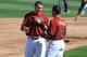 SCOTTSDALE, AZ - FEBRUARY 23: Paul Goldschmidt #44 of the Arizona Diamondbacks (L) talks with Martin Prado #14 during the spring training game against the Colorado Rockies on February 23, 2013 at the Salt River Fields at Talking Stick in Scottsdale, Arizona. The Rockies defeated the Diamondbacks 11-2. (Photo by Rich Pilling/Getty Images)