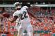 Reggie Bush celebrates a Dolphins touchdown.