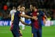 BARCELONA, SPAIN - MARCH 12: Jordi Alba (L) of FC Barcelona celebrates scoring their fourth goal with teammate Dani Alves (R) during the UEFA Champions League Round of 16 second leg match between FC Barcelona and AC Milan at Camp Nou Stadium on March 12, 2013 in Barcelona, Spain. (Photo by Gonzalo Arroyo Moreno/Getty Images)