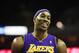 February 8, 2013; Charlotte, NC, USA; Los Angeles Lakers center Dwight Howard (12) smiles during a time out during the game against the Charlotte Bobcats at Time Warner Cable Arena. Lakers won 100-93. Mandatory Credit: Sam Sharpe-USA TODAY Sports