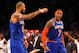 NEW YORK, NY - DECEMBER 11: Carmelo Anthony #7 of the New York Knicks celebrates scoring a basket with Tyson Chandler #6 against the Brooklyn Nets during their game at the Barclays Center on December 11, 2012 in the Brooklyn borough of New York City. NOTE TO USER: User expressly acknowledges and agrees that, by downloading and/or using this photograph, user is consenting to the terms and conditions of the Getty Images License Agreement. (Photo by Al Bello/Getty Images)
