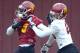 Mar 5, 2013; Los Angeles, CA, USA; Southern California Trojans receiver Marqise Lee (9) is defended by cornerback Su'a Cravens (21) at spring practice at Howard Jones Field. Mandatory Credit: Kirby Lee-USA TODAY Sports