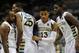 Feb 16, 2013; Milwaukee, WI, USA; Marquette Golden Eagles guard Vander Blue (13) with forward Steve Taylor, Jr. (25) and forward Jamil Wilson (0) at the Bradley Center. Mandatory Credit: Benny Sieu-USA TODAY Sports