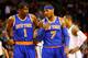 BOSTON, MA - JANUARY 24: Amar'e Stoudemire #1 and Carmelo Anthony #7 of the New York Knicks talk during a timeout against the Boston Celtics during the game on January 24, 2013 at TD Garden in Boston, Massachusetts. NOTE TO USER: User expressly acknowledges and agrees that, by downloading and or using this photograph, User is consenting to the terms and conditions of the Getty Images License Agreement. (Photo by Jared Wickerham/Getty Images)