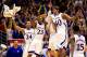 LAWRENCE, KS - MARCH 04: Travis Releford #24, Ben McLemore #23, Jeff Withey #5, and Kevin Young #40 of the Kansas Jayhawks celebrate after Withey hit a three-pointer during the game against the Texas Tech Red Raiders at Allen Fieldhouse on March 4, 2013 in Lawrence, Kansas. (Photo by Jamie Squire/Getty Images)