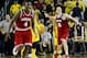 ANN ARBOR, MI - MARCH 10: Cody Zeller #40 of the Indiana Hoosiers reacts with teammate Victor Oladipo #4 after beating the Michigan Wolverines 72-71 at Crisler Center on March 10, 2013 in Ann Arbor, Michigan. (Photo by Gregory Shamus/Getty Images)