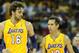 FRESNO, CA - OCTOBER 07: Pau Gasol #16 and Steve Nash #10 of the Los Angeles Lakers talk as they walk to the bench during the game with the Golden State Warriors at Save Mart Center At Fresno State on October 7, 2012 in Fresno, California. The Warriors won 110-83. NOTE TO USER: User expressly acknowledges and agrees that, by downloading and or using this photograph, User is consenting to the terms and conditions of the Getty Images License Agreement. (Photo by Stephen Dunn/Getty Images)