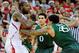 RALEIGH, NC - FEBRUARY 02: Julian Gamble #45 and Shane Larkin #0 of the Miami Hurricanes pressure C.J. Leslie #5 of the North Carolina State Wolfpack during play at PNC Arena on February 2, 2013 in Raleigh, North Carolina. Miami won 79-78. (Photo by Grant Halverson/Getty Images)