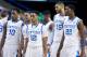 Feb 9, 2013; Lexington, KY, USA; Kentucky Wildcats guard Archie Goodwin (10), guard Julius Mays (34), guard Ryan Harrow (12), forward Willie Cauley-Stein (15) and forward Alex Poythress (22) walk on to the court after a time out during the game against the Auburn Tigers at Rupp Arena. Kentucky defeated Auburn 72-62. Mandatory Credit: Mark Zerof-USA TODAY Sports
