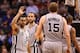 PHOENIX, AZ - FEBRUARY 24: Patty Mills #8 of the San Antonio Spurs high fives Matt Bonner #15 after scoring against the Phoenix Suns during the second half of the NBA game at US Airways Center on February 24, 2013 in Phoenix, Arizona. The Spurs defeated the Suns 97-87. NOTE TO USER: User expressly acknowledges and agrees that, by downloading and or using this photograph, User is consenting to the terms and conditions of the Getty Images License Agreement. (Photo by Christian Petersen/Getty Images)