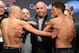 Mar 15, 2013; Montreal, Quebec, Canada; UFC president Dana White (center) steps in between Georges St.Pierre and Nick Diaz during the weight-in for UFC 158 at the Bell Centre. Mandatory Credit: Eric Bolte-USA TODAY Sports