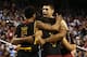 GREENSBORO, NC - MARCH 15: Nick Faust #5 Seth Allen #4 and Alex Len #25 of the Maryland Terrapins celebrate with teammates on their way to defeating the Duke Blue Devils 83 to 74 during the quarterfinals of the ACC Men's Basketball Tournament at Greensboro Coliseum on March 15, 2013 in Greensboro, North Carolina. (Photo by Streeter Lecka/Getty Images)