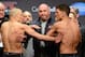 Mar 15, 2013; Montreal, Quebec, Canada; UFC president Dana White (center) steps in between Georges St.Pierre and Nick Diaz during the weight-in for UFC 158 at the Bell Centre. Mandatory Credit: Eric Bolte-USA TODAY Sports