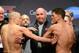 Mar 15, 2013; Montreal, Quebec, Canada; UFC president Dana White (center) steps in between Georges St.Pierre and Nick Diaz during the weight-in for UFC 158 at the Bell Centre. Mandatory Credit: Eric Bolte-USA TODAY Sports