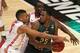 CHICAGO, IL - MARCH 16: LaQuinton Ross #10 of the Ohio State Buckeyes guards Derrick Nix #25 of the Michigan State Spartans as Evan Ravenel #30 of the Buckeyes guards behind during a semifinal game of the Big Ten Basketball Tournament at the United Center on March 16, 2013 in Chicago, Illinois. (Photo by Jonathan Daniel/Getty Images)