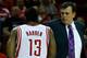 HOUSTON, TX - MARCH 15: Houston Rockets head coach Kevin McHale chats with James Harden #13 on the court during the game against the Minnesota Timberwolves at Toyota Center on March 15, 2013 in Houston, Texas. NOTE TO USER: User expressly acknowledges and agrees that, by downloading and or using this photograph, User is consenting to the terms and conditions of the Getty Images License Agreement. (Photo by Scott Halleran/Getty Images)