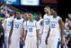 Feb 9, 2013; Lexington, KY, USA; Kentucky Wildcats guard Archie Goodwin (10), guard Julius Mays (34), guard Ryan Harrow (12), forward Willie Cauley-Stein (15) and forward Alex Poythress (22) walk on to the court after a time out during the game against the Auburn Tigers at Rupp Arena. Kentucky defeated Auburn 72-62. Mandatory Credit: Mark Zerof-USA TODAY Sports