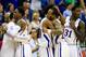 KANSAS CITY, MO - MARCH 16: Ben McLemore #23, Kevin Young #40, Travis Releford #24 and Jamari Traylor #31 of the Kansas Jayhawks celebrate their 70-54 win over Kansas State Wildcats during the Final of the Big 12 basketball tournament at Sprint Center on March 16, 2013 in Kansas City, Missouri. (Photo by Jamie Squire/Getty Images)