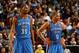 SACRAMENTO, CA - JANUARY 25: Kevin Durant #35 and Russell Westbrook #0 of the Oklahoma City Thunder stand on the court during their game against the Sacramento Kings at Sleep Train Arena on January 25, 2013 in Sacramento, California. NOTE TO USER: User expressly acknowledges and agrees that, by downloading and or using this photograph, User is consenting to the terms and conditions of the Getty Images License Agreement. (Photo by Ezra Shaw/Getty Images)