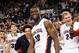 March. 2, 2013; Spokane, WA, USA; Gonzaga Bulldogs forward Guy Landry Edi (center) celebrates after a game against the Portland Pilots at the McCarthey Athletic Center. Gonzaga won 81-52. Mandatory Credit: James Snook-USA TODAY Sports