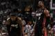 BOSTON, MA - JUNE 03: (L-R) LeBron James #6 and Dwyane Wade #3 of the Miami Heat look on against the Boston Celtics in Game Four of the Eastern Conference Finals in the 2012 NBA Playoffs on June 3, 2012 at TD Garden in Boston, Massachusetts. NOTE TO USER: User expressly acknowledges and agrees that, by downloading and or using this photograph, User is consenting to the terms and conditions of the Getty Images License Agreement. (Photo by Jim Rogash/Getty Images)