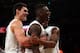 NEW YORK, NY - MARCH 14: (L-R) Steven Adams #13 and Talib Zanna #42 of the Pittsburgh Panthers celebrate against the Syracuse Orange during the quaterfinals of the Big East Men's Basketball Tournament at Madison Square Garden on March 14, 2013 in New York City. (Photo by Elsa/Getty Images)