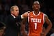 NEW YORK, NY - DECEMBER 04: Head coach Rick Barnes talks with Sheldon McClellan #1 of the Texas Longhorns in the second half against the Georgetown Hoyas during the Jimmy V Classic on December 4, 2012 at Madison Square Garden in New York City. The Georgetown Hoyas defeated the Texas Longhorns 64-41. (Photo by Elsa/Getty Images)
