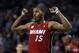 Mar 18, 2013; Boston, Massachusetts, USA; Miami Heat point guard Mario Chalmers (15) reacts during the fourth quarter against the Boston Celtics at TD Banknorth Garden. The Miami Heat won 105-103. Mandatory Credit: Greg M. Cooper-USA TODAY Sports