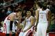 HOUSTON, TX - MARCH 15: Omer Asik #3, Jeremy Lin #7, Chandler Parsons #25 and James Harden #13 of the Houston Rockets wait near the bench during the game against the Minnesota Timberwolves at Toyota Center on March 15, 2013 in Houston, Texas. NOTE TO USER: User expressly acknowledges and agrees that, by downloading and or using this photograph, User is consenting to the terms and conditions of the Getty Images License Agreement. (Photo by Scott Halleran/Getty Images)