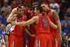 LAS VEGAS, NV - MARCH 15: (L) Mark Lyons #2 reacts as he huddles with teammates Kaleb Tarczewski #35, Solomon Hill #44, Brandon Ashley #21 and Nick Johnson #13 of the Arizona Wildcats in the second half against the UCLA Bruins during the semifinals of the Pac-12 tournament at the MGM Grand Garden Arena on March 14, 2013 in Las Vegas, Nevada. (Photo by Jeff Gross/Getty Images)