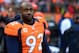 Jan 12, 2013; Denver, CO, USA; Denver Broncos defensive end Elvis Dumervil (92) against the Baltimore Ravens during the AFC divisional round playoff game at Sports Authority Field. Mandatory Credit: Mark J. Rebilas-USA TODAY Sports