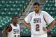 Mar 16, 2013; Las Vegas, NV, USA; New Mexico State Aggies guard K.C. Ross-Miller (12) and center Sim Bhullar (2) during the championship game of the WAC tournament against the UT Arlijngton Mavericks at Orleans Arena. New Mexico State defeated UT Arlington 64-55. Mandatory Credit: Kirby Lee-USA TODAY Sports