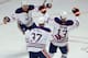 CHICAGO, IL - MARCH 10: (L-R) Ryan Smyth #94, Lennart Petrell #37 and Mike Brown #13 of the Edmonton Oilers celebrate a goal against the Chicago Blackhawks at the United Center on March 10, 2013 in Chicago, Illinois. (Photo by Jonathan Daniel/Getty Images)