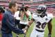 HOUSTON, TX- OCTOBER 21: Head coach Gary Kubiak of the Houston Texans shakes hands with Ed Reed #20 of the Baltimore Ravens after the game on October 21, 2012 at Reliant Stadium in Houston, Texas. Texas won 43 to 13. (Photo by Thomas B. Shea/Getty Images)