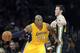 Jan 25, 2013; Los Angeles, CA, USA; Utah Jazz shooting guard Gordon Hayward (20) defends against Los Angeles Lakers shooting guard Kobe Bryant (24) during the second half at the Staples Center. Mandatory Credit: Richard Mackson-USA TODAY Sports