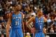 SACRAMENTO, CA - JANUARY 25: Kevin Durant #35 and Russell Westbrook #0 of the Oklahoma City Thunder stand on the court during their game against the Sacramento Kings at Sleep Train Arena on January 25, 2013 in Sacramento, California. NOTE TO USER: User expressly acknowledges and agrees that, by downloading and or using this photograph, User is consenting to the terms and conditions of the Getty Images License Agreement. (Photo by Ezra Shaw/Getty Images)