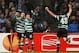 MANCHESTER, ENGLAND - MARCH 15: Diego Capel of Sporting Lisbon (C) celebrates with goal scorer Ricky van Wolfswinkel of Sporting Lisbon (L) after he scored their second goal during the UEFA Europa League round of 16 second leg match between Manchester City FC and Sporting Lisbon at Etihad Stadium on March 15, 2012 in Manchester, England. (Photo by Alex Livesey/Getty Images)