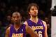NEW YORK, NY - FEBRUARY 10: (L-R) Kobe Bryant #24 and Pau Gasol #16 of the Los Angeles Lakers look on against the New York Knicks at Madison Square Garden on February 10, 2012 in New York City. NOTE TO USER: User expressly acknowledges and agrees that, by downloading and or using this photograph, User is consenting to the terms and conditions of the Getty Images License Agreement. (Photo by Chris Chambers/Getty Images)