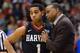SALT LAKE CITY, UT - MARCH 21: Siyani Chambers #1 talks with head coach Tommy Amaker of the Harvard Crimson in the second half while taking on the New Mexico Lobos during the second round of the 2013 NCAA Men's Basketball Tournament at EnergySolutions Arena on March 21, 2013 in Salt Lake City, Utah. (Photo by Harry How/Getty Images)