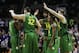 SAN JOSE, CA - MARCH 21: Dominic Artis #1, Ben Carter #32, Arsalan Kazemi #14, Johnathan Loyd #10 and E.J. Singler #25 of the Oregon Ducks celebrate their 68 to 55 win over the Oklahoma State Cowboys during the second round of the 2013 NCAA Men's Basketball Tournament at HP Pavilion on March 21, 2013 in San Jose, California. (Photo by Ezra Shaw/Getty Images)