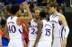 KANSAS CITY, MO - MARCH 22: Kevin Young #40, Travis Releford #24, Elijah Johnson #15 and Jeff Withey #5 of the Kansas Jayhawks cheer eachother on in a huddle in the first half against the Western Kentucky Hilltoppers during the second round of the 2013 NCAA Men's Basketball Tournament at the Sprint Center on March 22, 2013 in Kansas City, Missouri. Kansas won 64-57. (Photo by Jamie Squire/Getty Images)