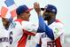 March 18, 2013; San Francisco, CA, USA; Dominican Republic manager Tony Pena (6) greets pitcher Fernando Rodney (56 ) before the World Baseball Classic semifinal against Netherlands at AT&T Park. Mandatory Credit: Kyle Terada-USA TODAY Sports