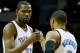 HOUSTON, TX - FEBRUARY 20: Kevin Durant #35 and Russell Westbrook #0 of the Oklahoma City Thunder get ready for the game against the Houston Rockets at Toyota Center on February 20, 2013 in Houston, Texas. NOTE TO USER: User expressly acknowledges and agrees that, by downloading and or using this photograph, User is consenting to the terms and conditions of the Getty Images License Agreement. (Photo by Scott Halleran/Getty Images)